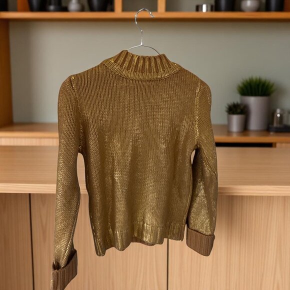 Rachel Roy Metallic Gold Cable Knit Sweater Small Shiny Pullover Mock Neck - Picture 2 of 9